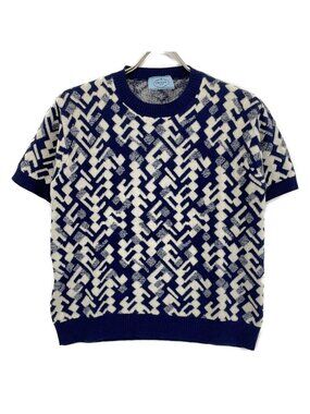 Prada Blue Wool Cashmere All Over Pattern Short Sleeve Knit 40